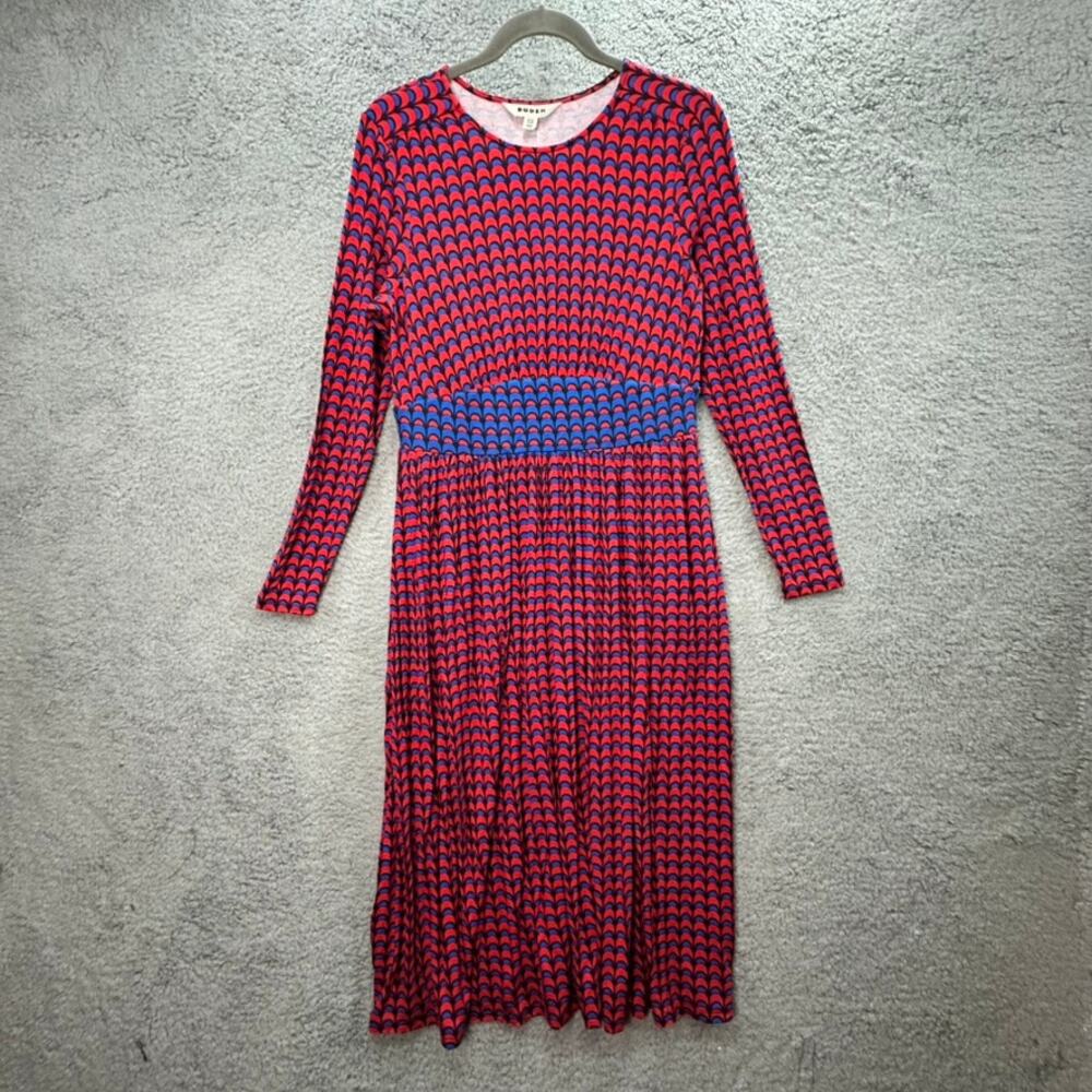 Boden‎ Women's 10R Red Blue Jersey Maxi Dress Long Sleeve Stretchy Comfort EUC